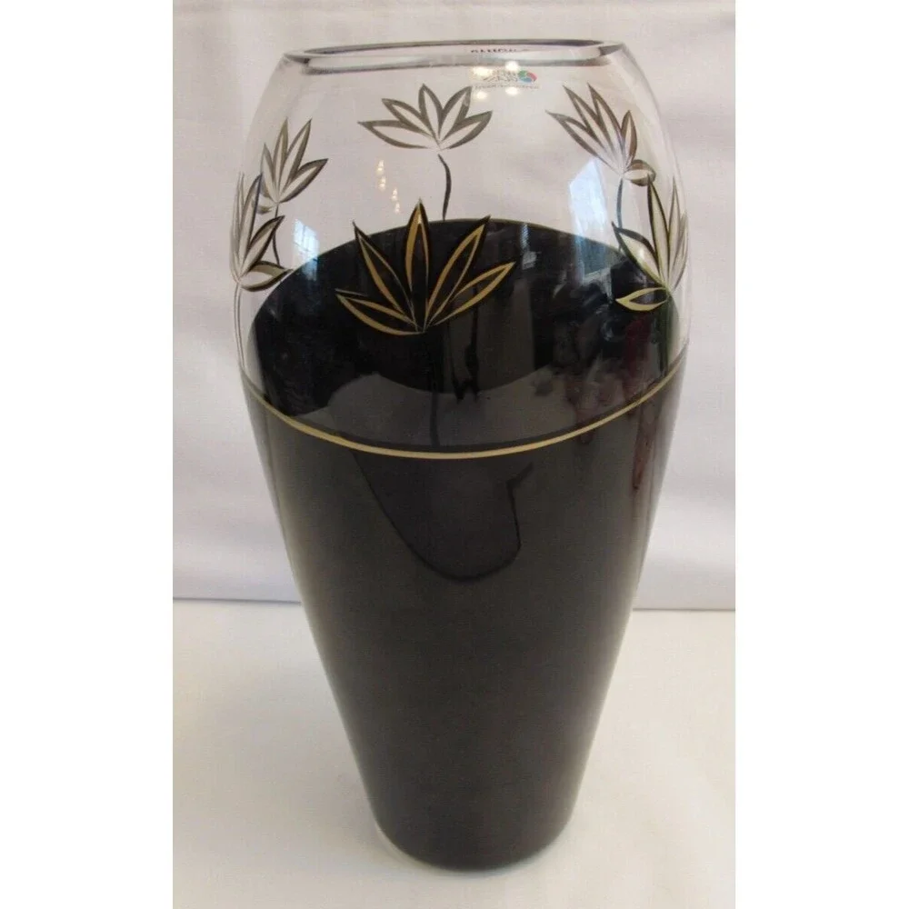 Womar Glass Black Leaves Collection Vase